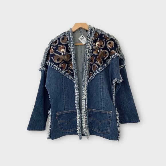 Upcycled Levi’s Boho Western Denim Jacket Coastal Cowgirl Fringe Horseshoe Print - Picture 2 of 8
